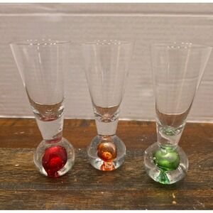 Hand Blown Cordial Shot Glasses Controlled Bubble Base Set of 3 Multicolor